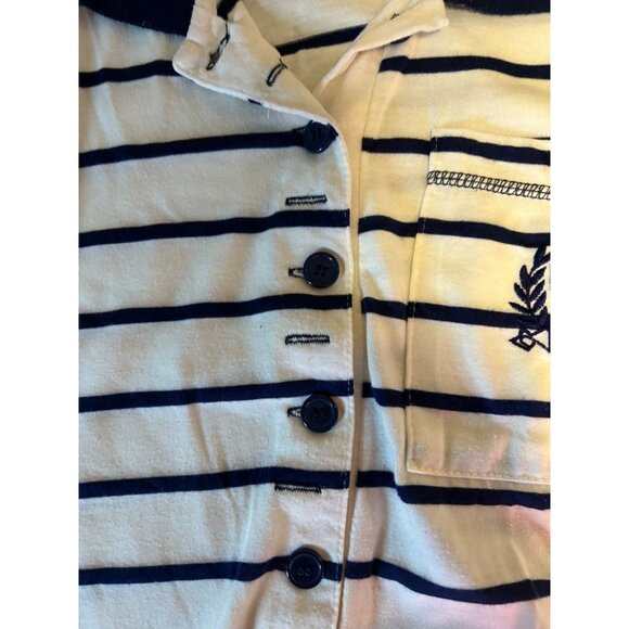 Vintage DEB Navy White Striped Crop Polo Embroidered Crest Short Sleeve Top Sz L - Picture 5 of 9